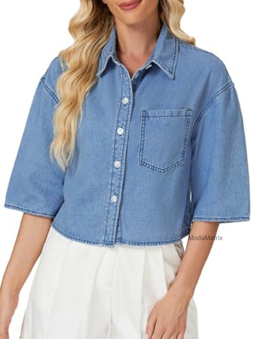 Womens Denim Shirt Short Sleeve Cropped Jean Jacket Button Down Lightweight